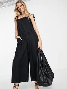 Asos Design Damen Jumpsuit Gr. 2 schwarz weites Bein Taschen minimalistisch - Bild 1 von 9
