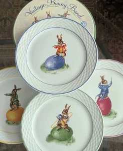 Set 4 Easter Bunny Band Dessert Plates Williams Sonoma in Box 8" Rabbit Art Lot - Picture 1 of 19