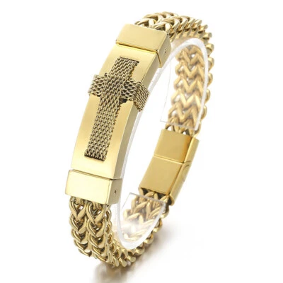 8.66" 12mm Heavy Gold Stainless Steel Meshed Franco Chain Cross Men's Bracelet - Image 1 of 4