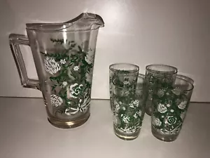 Mid Century Green And White Painted Floral Pitcher And Glass Set - Picture 1 of 6