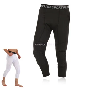 Sports Basketball Pants with Hex Knee Pads 3/4 Capri Padded Compression Tights - Picture 1 of 8