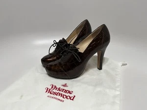 Vtg VIVIENNE WESTWOOD BROWN CROC EMBOSSED HEELS 37 - Picture 1 of 10