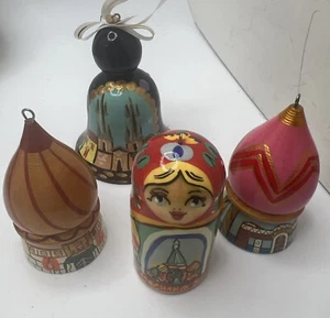 Lot Of 4 Christmas Russian Wooden Handpainted Ornaments - Picture 1 of 7