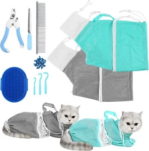 10 Pcs Cat Washing Bag Set,Adjustable Cat Shower Net Bag and Pet Grooming Brush - Picture 1 of 8