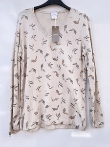 MONA Beige Bird Print V-Neck Sweater Size 16 Bnwt - Picture 1 of 5