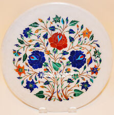 12'' White Marble Serving Plate Multi Floral Inlaid Marquetry Stone Decor H3172