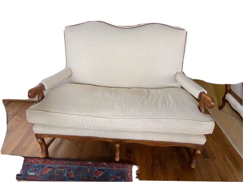 French Settee Love Seat-Pristine Linen Upholstery carved legs-nailheads Cover