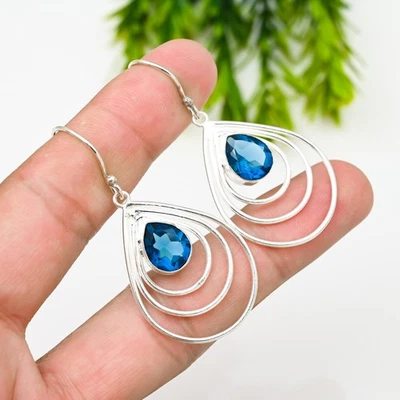 London Blue Topaz Gemstone 925 Sterling Silver Earring Handmade Jewelry Earring - Image 1 of 4