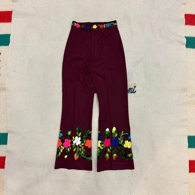 Vintage 1970s polyester hand embroidered floral hippie flare high waisted pants - Image 1 of 4