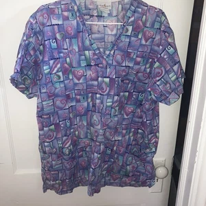 Peaches Uniforms Cotton Lavender Mint Pink Heart Print Scrub Top - Picture 1 of 6