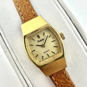 Vintage Pulsar V230-5770 Watch Womens Gold Tone Tonneau Quartz Japan Brown Strap - Picture 1 of 13