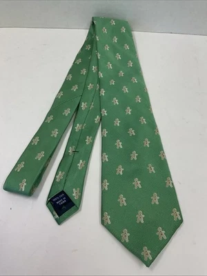 复古 IZOD 100% 真丝领带绿色带姜饼男式圣诞节 — 第 1/4 张图片