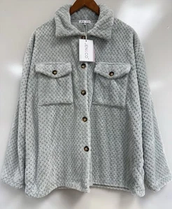 NWT Boutique Jen & Co Gray Soft Sherpa Puffy Button Down VEGAN Jacket Coat L XL - Picture 1 of 13