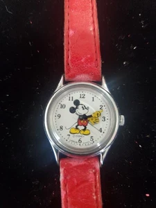 Vintage Disney Mickey Mouse Watch Red Leather Wristband Retro Quartz Lorus - Picture 1 of 3