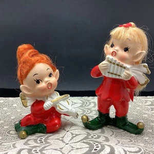Vintage 60er Napcoware Pixie Elfe Mädchen spielt Flöte & Geige, Weihnachtsfigur mit Haaren - Bild 1 von 6