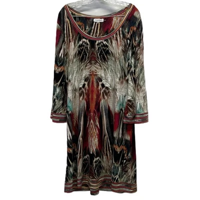 Calvin Klein Multicolored Feather Print Abstract Knit Tunic Dress 3/4 Sleeve XL - Image 1 of 4