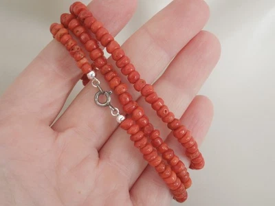 Corallo Catena Naturkoralle Rondelle Rosso 925 Fermaglio IN Argento 20,8 G/ - Immagine 1 di 4