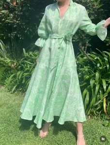Kamare Dress 100% Linen Full Length Floral Green Long Sleeves Belted Size 12 - Picture 1 of 13