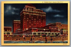 Postcard Atlantic City NJ c1931 Haddon Hall at Night Beach Scene Swimmers Linen - Picture 1 of 2