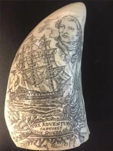 Scrimshaw Sperm Whale tooth RESIN REPRODUCTION " ADVENTURE CAPTURES QUEDAGH" - Picture 1 of 6