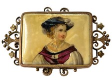 Antique Victorian Brooch Pin Painted Porcelain Portrait Ornate Frame