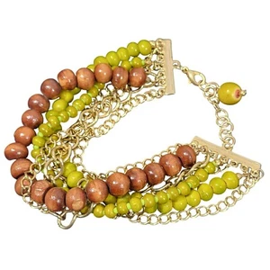 Beaded Multistrand Bracelet With Olive & Brown Wooden Beads And Gold Chains - Picture 1 of 4