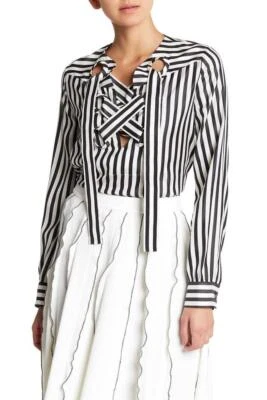 Nueva blusa con cordones Derek Lam $990 seda negra blanca a rayas (talla: 36IT/0/2US) Foto 1 de 4
