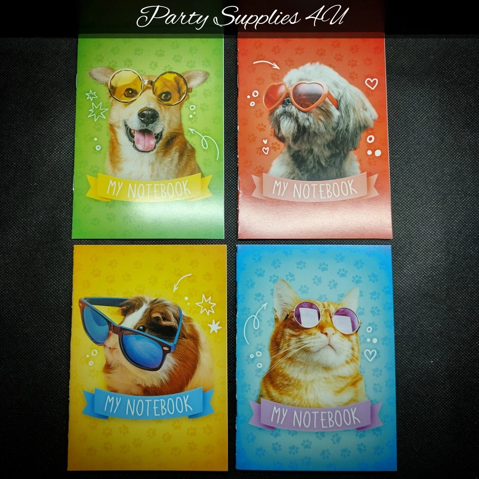 4x divertidos mini cuadernos/mascotas/fiesta/bolso/relleno/niños/gafas de sol/gato/perro/A6 Foto 1 de 4