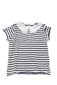 Jacadi Girls Cotton Short Sleeve Round Collar Striped Blouse Black White Size 8 - Picture 1 of 5