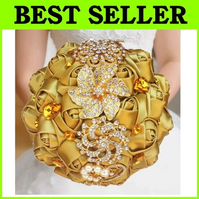 Lujoso ramo de novia de diamantes de imitación dorados Foto 1 de 4