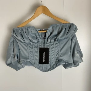 New Dusty Blue Textured Satin Bardot Corset Top Size 10 Pretty Little Thing - Picture 1 of 4