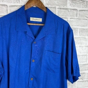 Tommy Bahama Hawaiian Royal Blue Embroidered Tropical Silk Camp Shirt Mens LARGE - Picture 1 of 6