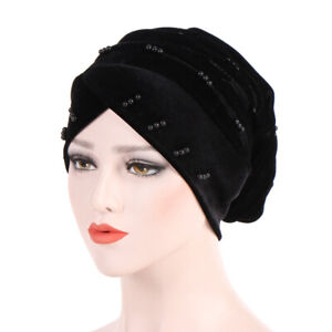 Women Ladies Headwrap Caps Pearl Beaded Turban Slouchy Baggy Hats Elastic Hat 