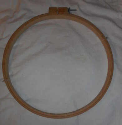 VINTAGE WOODEN EMBROIDERY HOOP 14" diameter x 3/4" high wing nut adjustment - Image 1 of 3