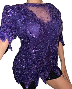 VTG 1980s Beaded Sequin Sz L Zip Top Shirt Silk Sheer Mesh Purple Holiday Party - Picture 1 of 5