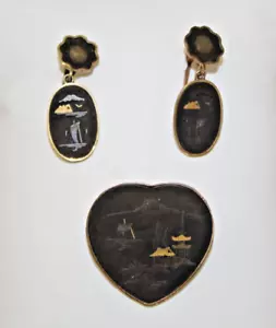 Orecchini vintage damasceni Amita giapponesi intarsiati a forma di cuore spilla e retro a vite - Foto 1 di 8