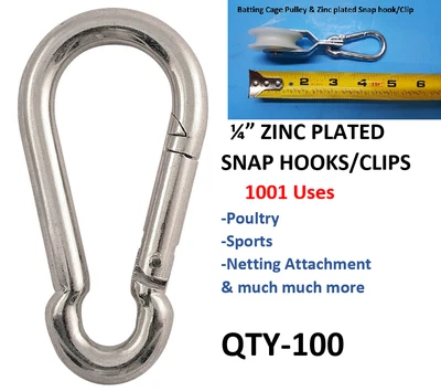 Carabiner Snap Clips 100 pcs 1/4" Zinc D-ring Snap Hook Lock Clip Batting Cage - Image 1 of 2