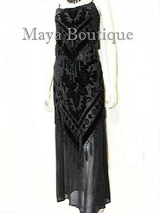 Schwarzes Kleid Fransen Flapper Stil Perlen Burnout Seide Samt Maya M - Bild 1 von 4