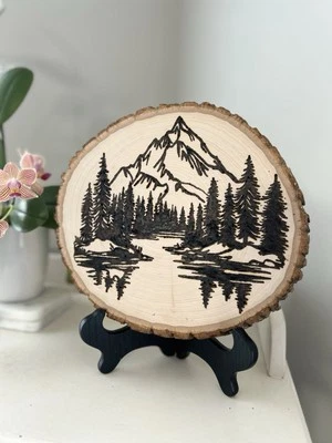 Wood Burned Lakeside Mountain Landscape Wood Plaque Medium Size - Image 1 of 3