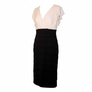 Women's Melrose Ruched V-Neck Ruffle Sleeve Black& White 14 Pencil Tiered Dress - Picture 1 of 14