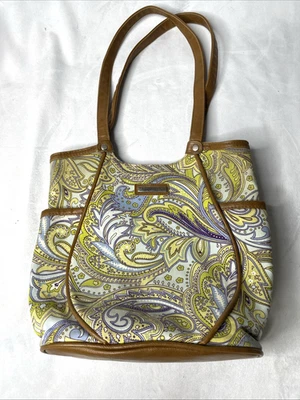 Bolso de Mano Longaberger Pequeño Azul Y Verde Estampado Paisley Imitación Cuero Borde y Asas Foto 1 de 4