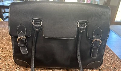 Levenger Black Genuine Leather Expandable Briefcase Laptop Shoulder Bag Satchel - Image 1 of 4