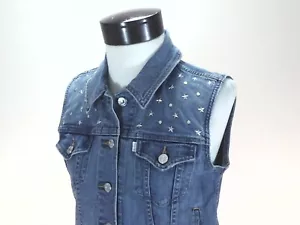 LEVI'S Denim Vest Blue w Stars and Studs Trucker Western White Tab Womens M - Picture 1 of 7