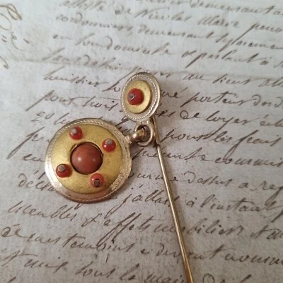 Epingle Corail Pomponne Ancienne Milieu XIXè Napoléon III Victorian Pin 19thC - Photo 1/4