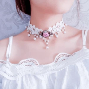 Elegant White Lace Choker Necklace with Pearls - Picture 1 of 5