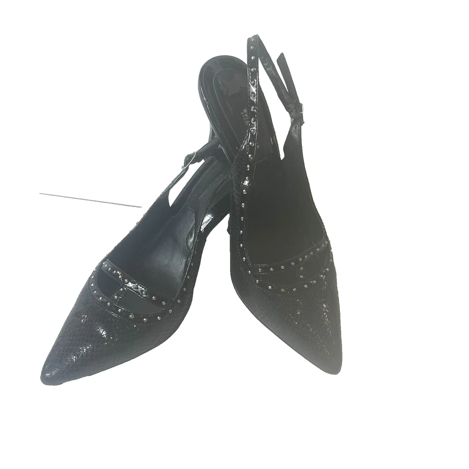 White House Black Market Womens 8M Black Leather Heel Slip On Sling Back Studded - Image 1 of 4