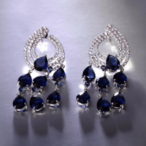 Lab-Created Blue Sapphire Chandelier Earring W Swarovski Crystal Platinum Filled