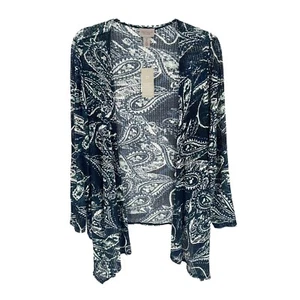 Chico's 2 Easywear Jacket Large Blue Paisley Open Front Cascade Long Sleeve NEW - Picture 1 of 12