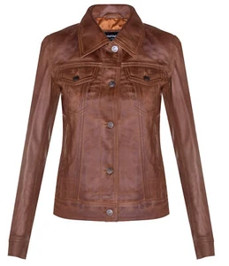 Ladies Tan Brown Leather Trucker Jacket Classic Western Casual Denim Jean Jacket - Picture 1 of 4