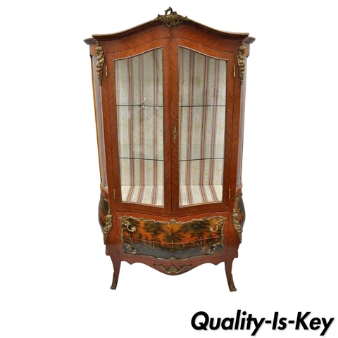 Louis XV French Style Reproduction Bombe Curio China Cabinet Vitrine with Bronze Cover
